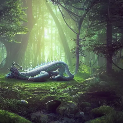 Prompt: A dragon sleeping in a Ethereal fairy forest. Intricate artwork of Tooth Wu and wlop and beeple and Dan mumford and Greg rutkowski. octane render, 8k, depth of field, bokeh.. iridescent accents