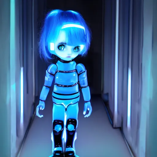 Image similar to blue cyber porcelain doll with led eyes. standing in middle of dark hallway. volumetric light on back. broken neon lighting. cyberpunk. high details, photorealistic, artstation trending. dark mood. anime, akira.