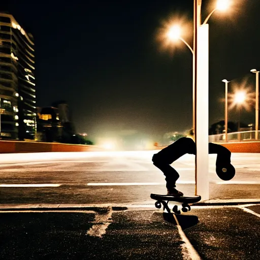 Image similar to a skateboarder in a cinematic shot of miami at midnight, canon eos c 3 0 0, ƒ 1. 8, 3 5 mm, 8 k, medium - format print, inspired by roger deakins cinematography