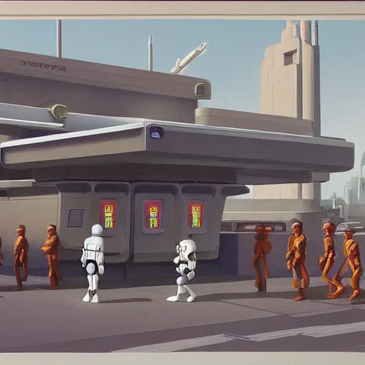 Image similar to ralph mcquarrie concept art of a futuristic mcdonalds. a space station is seen off in the distance with various droids and people walking in the foreground. a trooper is seen holding a brown mcdonalds bag.