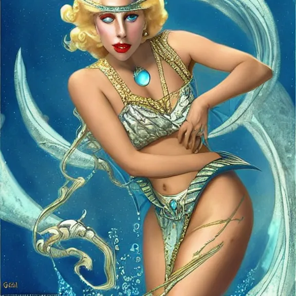 Image similar to lady gaga as princess kida the high queen of ancient atlantis, a beautiful art nouveau portrait by gil elvgren, beautiful underwater city environment, centered composition, defined features, golden ratio, silver jewelry, stars in her gazing eyes