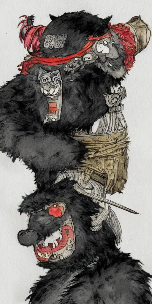 Image similar to anthropomorphic, half man half asian black bear, black bear samurai, Moon Bear Samurai, epic, samurai, illustration, watercolor, in the style of Studio Ghibli, Hayao Miyazak