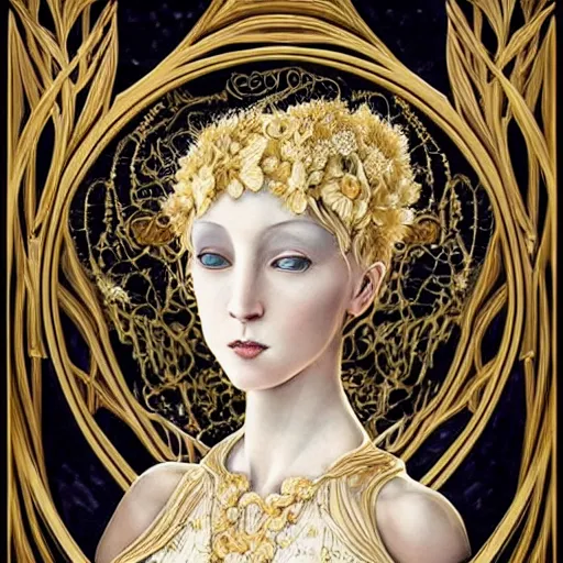 Image similar to a beautiful girl made of ivory and gold, highly intricate, digital art, very detailed, in the style of a weird and dark eerie liminal art nouveau flemish painting,