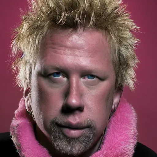 Image similar to professional portrait of james hetfield wearing a pink puffy jacket, very detailed, very intricate, dslr,