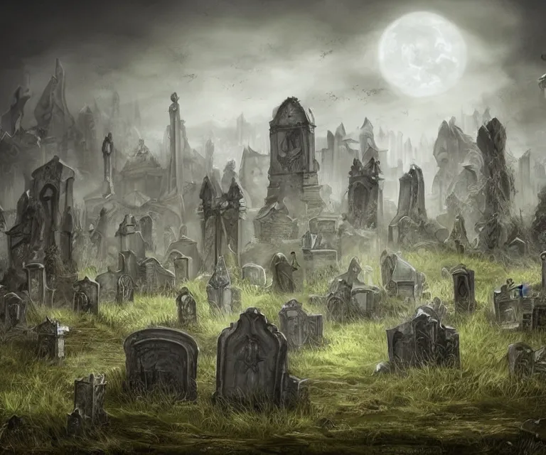 Image similar to a city of tombs and tombstones, graveyard landscape, ghostly spirits, giant grave structures, giant tomb structures, dark fantasy, digital art, fantasy art