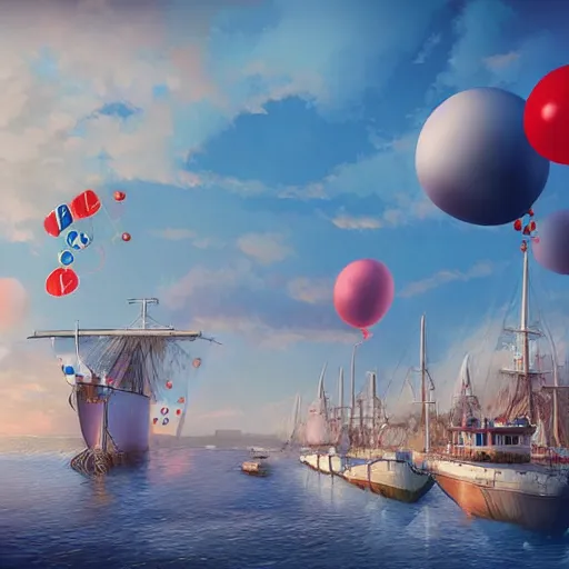 Prompt: digital art of a maritime port in bretagne with giant birthday balloons, artstation cgsociety masterpiece