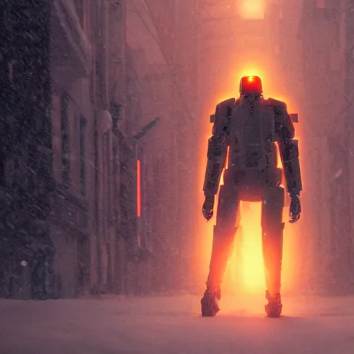 Image similar to white mecha armor Bladerunner 2049 still tall white armor walks through snowy street intimidating glowing orange emissives snowy evening moody dark lighting numerous people on the street