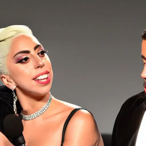 Image similar to lady gaga and aubrey plaza side eyeing each other during a late show interview