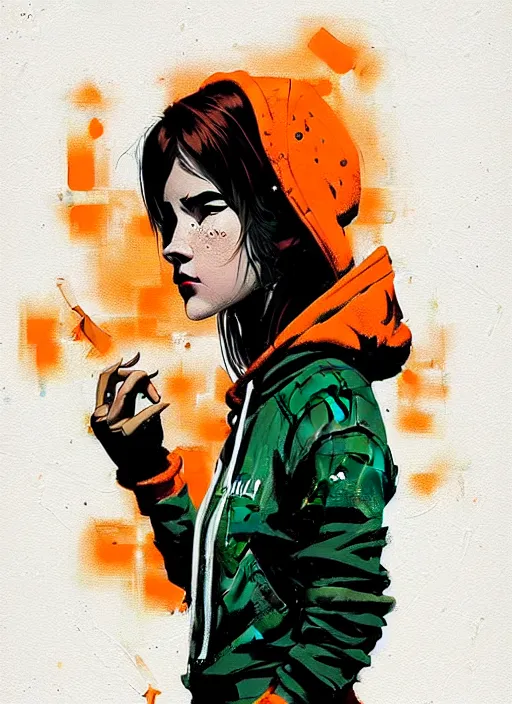 Image similar to highly detailed portrait of a cloudpunk young seattle lady, tartan hoody, by atey ghailan, by greg rutkowski, by greg tocchini, by james gilleard, by joe fenton, by kaethe butcher, gradient green, brown, blonde crea, orange, brown and white color scheme, grunge aesthetic!!! ( ( graffiti tag wall background ) )