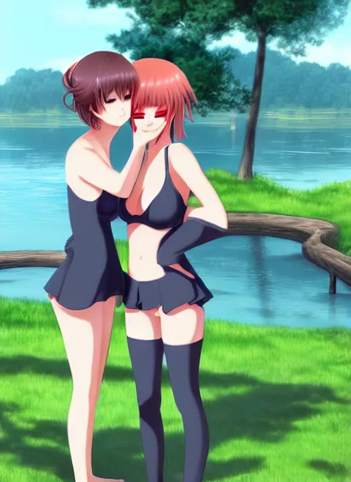 Image similar to two beautiful women out by the lake on a humid summer day, gorgeous faces, thick lines, cinematic lighting, detailed anime art