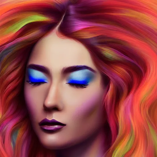 Prompt: painting of a beautiful woman with iridescent translucent hair, her eyes are closed, hair is floating, digital art, ethereal