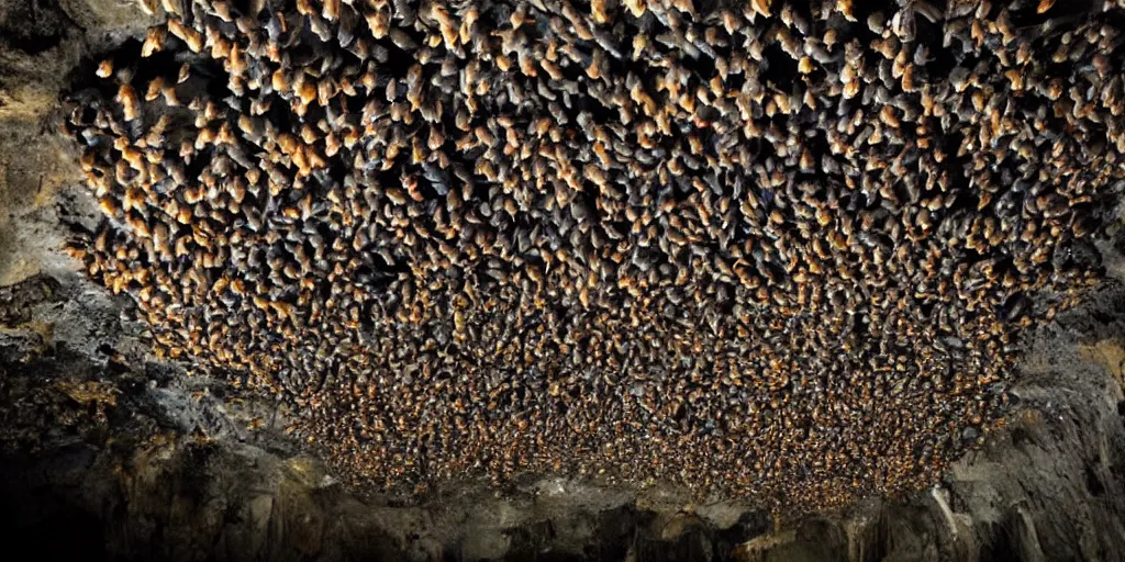 Prompt: a colony of Fruit bats with glowing eyes hang from the ceiling of an Indonesian cave, atmospheric, mysterious, in the style of National Geographic, hyperreal