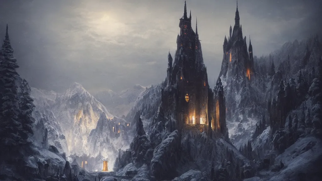 Image similar to huge black castle with tall tower that has a glowing light coming from it, overlooking snowy valley by eugene von guerard, ivan shishkin, dramatic lighting, concept art, trending on artstation, 8 k