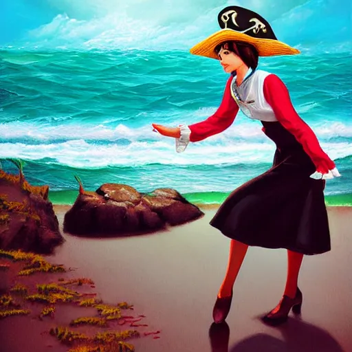 Prompt: dancing brunette milk maid woman wearing a pirate hat shore seascape in the style of Ilya Kuvshinov