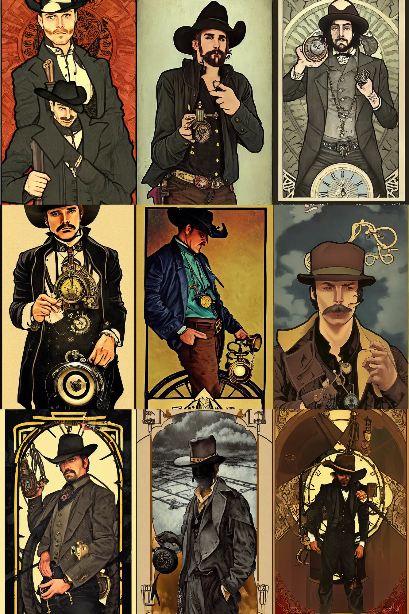 Prompt: a beautiful dramatic moody symmetrical painting of a suspicious villainous handsome cowboy holding a pocketwatch | his shirt is unbuttoned | background is the front of a steam train locomotive | tarot card, art deco, art nouveau, steampunk | by Mark Maggiori (((and Alphonse Mucha))) | trending on artstation