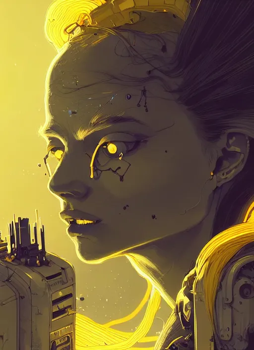 Image similar to highly detailed closeup portrait of wasteland long glowing yellow and white plasma hair tribal lady, stray electric spark wiring by atey ghailan, james gilleard, by joe fenton, by greg rutkowski, by greg tocchini, by kaethe butcher, 4 k resolution, gradient yellow, black and white color scheme!!! ( ( lightning robotic city background ) )