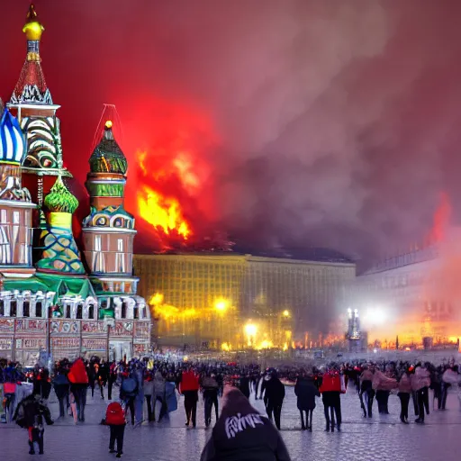 Image similar to high quality photo of fire on Red Square in Moscow, highly detailed, 8k, professional