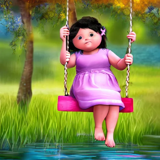 Image similar to spectacular scene of a little fat sweet girl with flowery dress, sitting on a swing and hugging a colorful fish, by the stormy lake. clear beautiful fat face. morning time. an amazingly beautiful scene. beautiful lighting, 4 k post - processing, trending in art station, cg society, highly detailed, 5 k extremely detailed, 3 d. stylize scene.