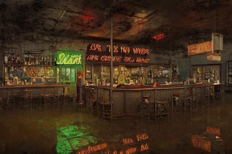 Image similar to scene from louisiana swamps, bar, neon cross, voodoo, 8 k, hyper detailed, artwork by tim eitel