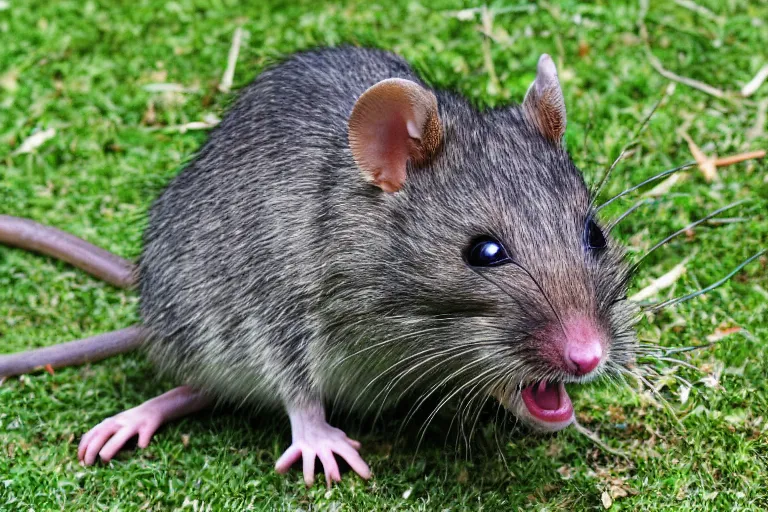 Image similar to photo, smiling! furry antropomorphic rat! eats thick internet cable! highly detailed, intricate details
