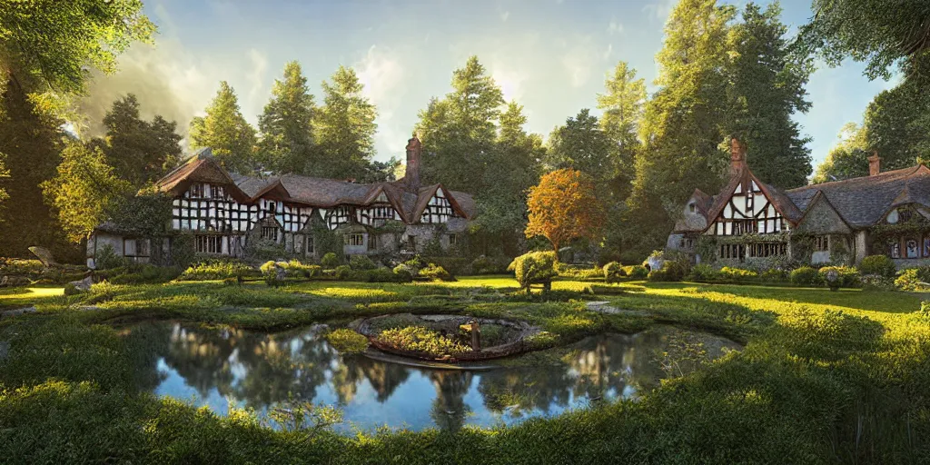 Image similar to a tudor manor house next to a pine forest, with a fishpond and courtyard, blue sky, sunny, detailed, volumetric, cinematic lighting, realistic, digital art by greg rukowski