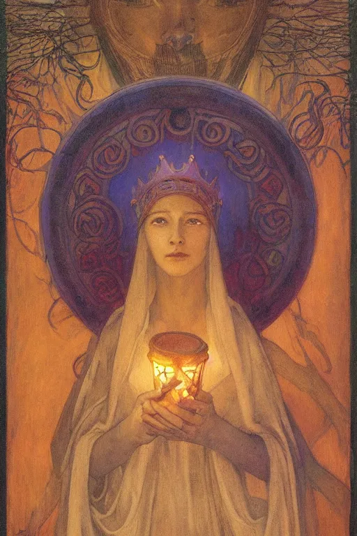 Prompt: queen of the fog with her lantern by Annie Swynnerton and Nicholas Roerich and jean delville, strong dramatic cinematic lighting , ornate headdress , lost civilizations, smooth, sharp focus, extremely detailed