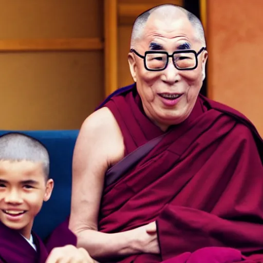 Prompt: kyoto and Dalai Lama smiling at a black bear