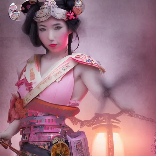 Prompt: Steampunk geisha with a katana sword, soft pink lights, historical Japanese city, zeppelin in the air, hyperdetailed, winner photo, 8k