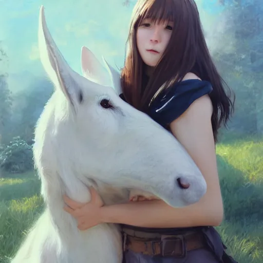 Prompt: a person hugging a large white animal, a detailed painting by krenz cushart, pixiv contest winner, fantasy art, official art, detailed painting, pixiv. highly detailed. 4 k masterpiece. photo realistic. realism. photorealism wideshot