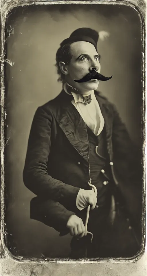 Prompt: a wet plate photograph, a portrait of a circus ringmaster with an Imperial Mustache,