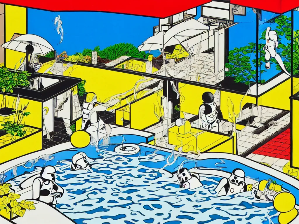 Image similar to hyperrealism composition of the japanese house with a hot springs in the garden, two detailed stormtroopers bathe in a hot spring, pop - art style, jacky tsai style, andy warhol style, roy lichtenstein style, acrylic on canvas