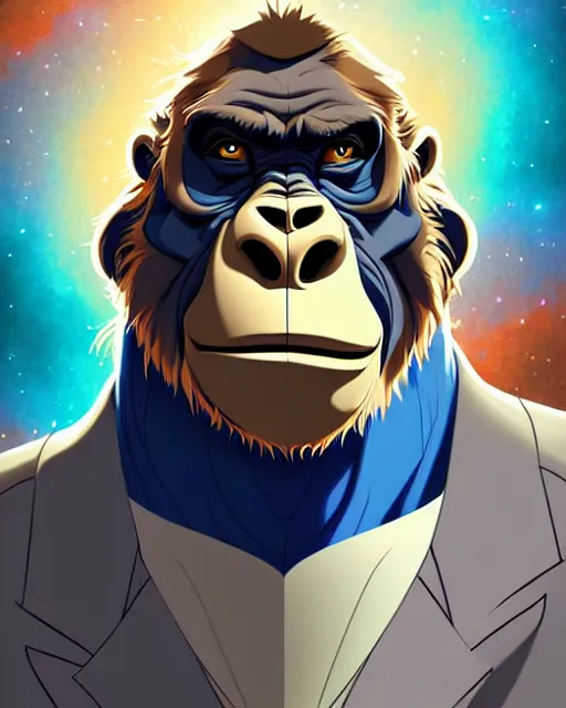 Image similar to don bluth, loish, artgerm, joshua middleton, steampunk, clockpunk anthropomorphic gorilla, full blue suit, smiling, symmetrical eyes symmetrical face, colorful animation forest background