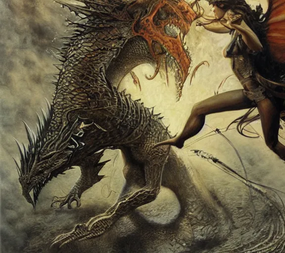 Image similar to intricate painting of salma hayek fighting a dragon by dariusz zawadski and alan lee, contemporary, creepy, acrylic