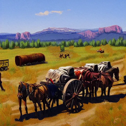 Prompt: old west oregon trail wagon train, painting, sketch