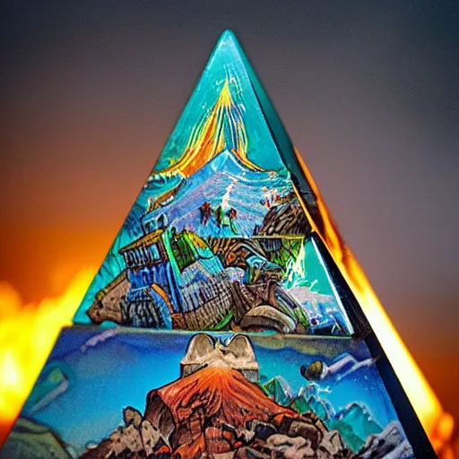 Prompt: flaming tall iridescent village pyramid puffin cove phantasm casket, by george lucas and mikhail larionov and dan mumford, 2 0 megapixels, tarot card, tilt shift