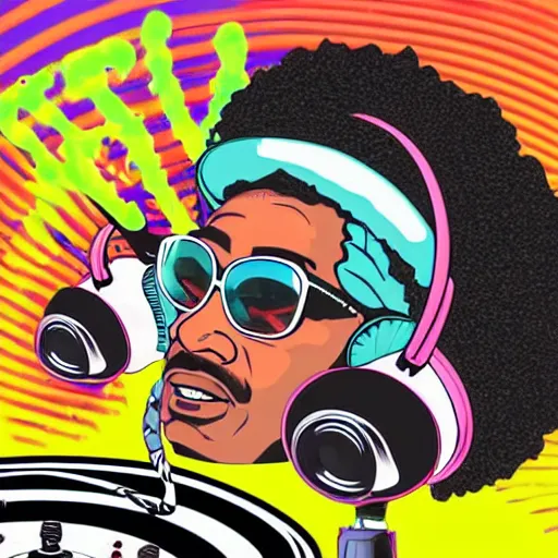 Image similar to svg sticker of a Dancing-Ben-Harper-Snoop-Spike-Lee-with-a-large-Afro-Puff, at a rave, spinning records, giant headphones rocking out, wearing headphones, huge speakers, dancing, rave, DJ, spinning records, digital art, amazing composition, rule-of-thirds, award-winning, trending on artstation, featured on deviantart