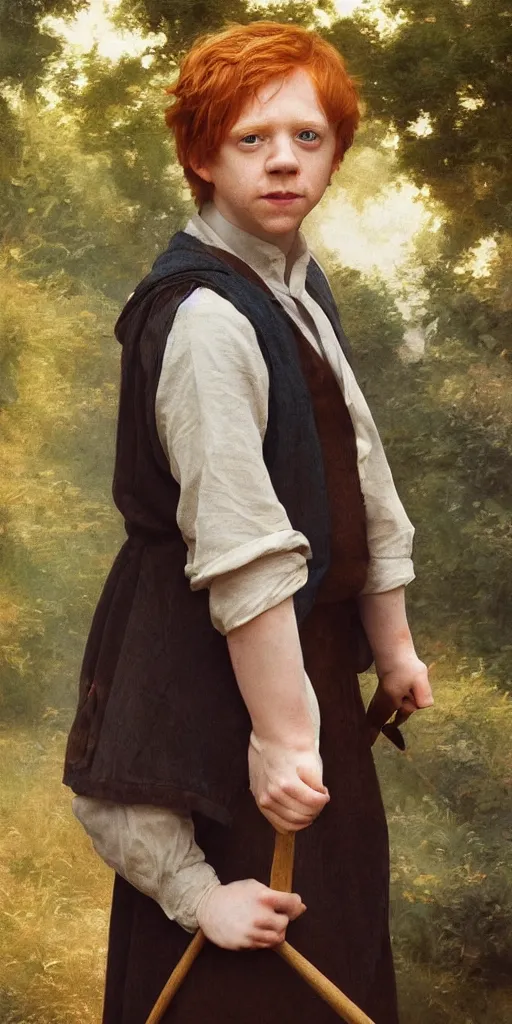 Image similar to photo photorealistic portrait photograph of Rupert Grint as Ronald Weasley. william adolphe bouguereau. During golden hour. soft light Extremely detailed. detailed photograph Beautiful. 4K. Award winning.