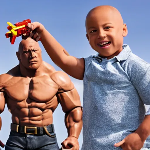 Prompt: a kid playing with A miniature Dwayne Johnson with toy guns