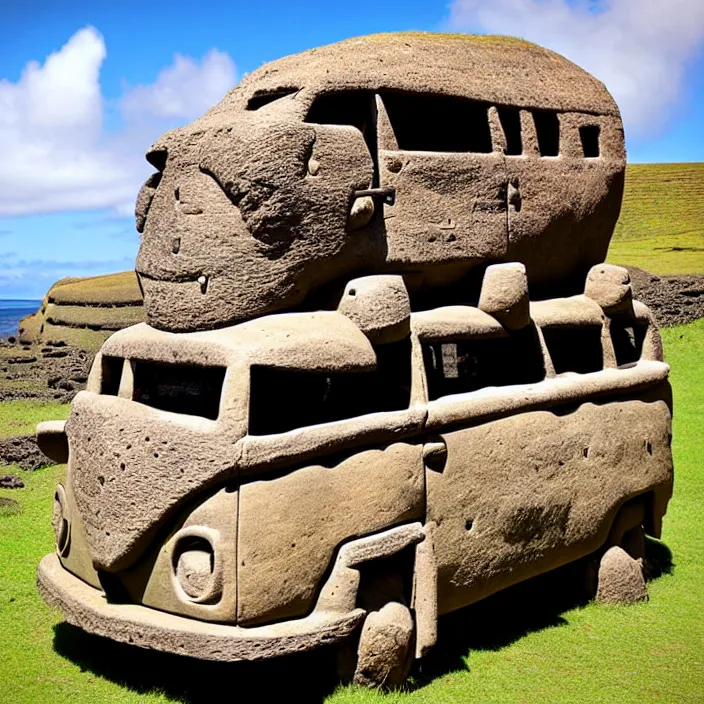 Prompt: ancient vw bus made of stone on the besch, moai from rapa nui style