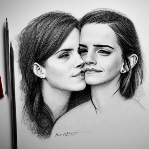 Image similar to emma watson kissing anne hathaway pencil sketch,