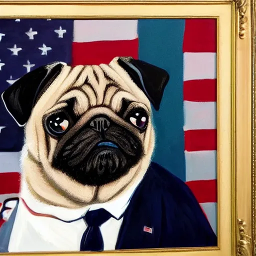 Prompt: trump as a dog. a pug president of the usa. president of the us. in the oval. amazing painting. formal. beautiful. high resolution. highly realistic. close - up. trending on artstation