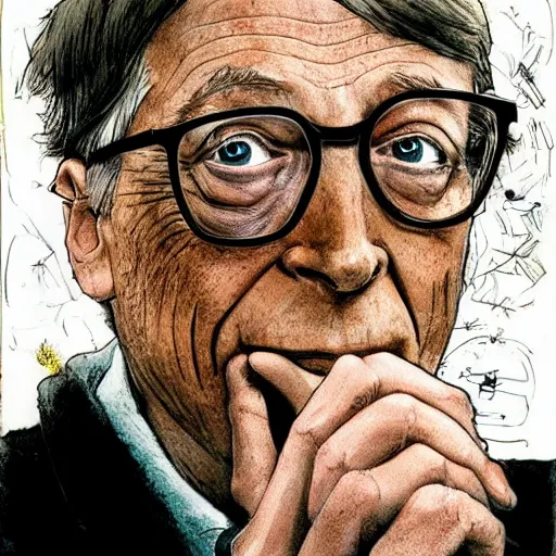 Image similar to bill gates holding a vaccine in his hand, Body horror, by Ralph Steadman