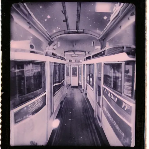 Image similar to an old tram in space, Polaroid,