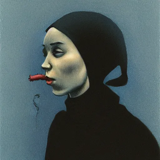 Image similar to a young black nun smoking and puffing lots of smoke, minimalistic background, by Beksinski