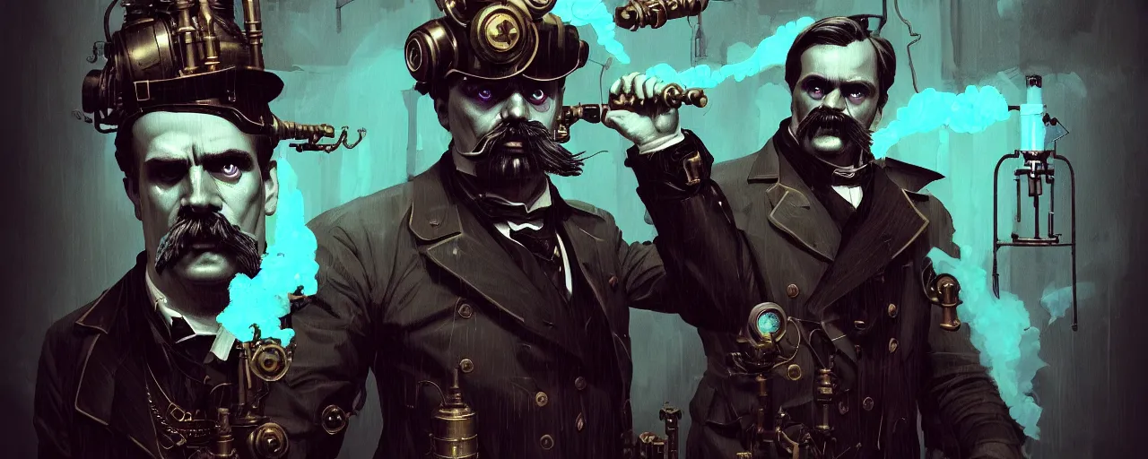 Image similar to duotone dark concept illustration 3 / 4 portrait of friedrich nietzsche as steampunk cyborg with thor hammer smoke all around. highly detailed mechanism cinematic volumetric ghastly lighting. by sachin teng and sergey kolesov and ruan jia and heng z. graffiti art, scifi, fantasy, hyper detailed. octane render. concept art. trending on artstation