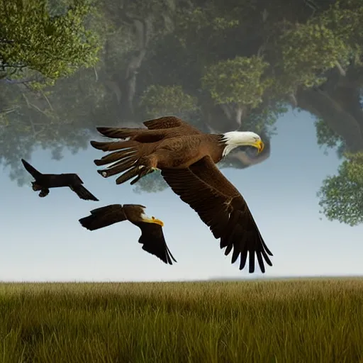 Prompt: Four eagles chasing a fox in a park, photorealistic, unreal engine