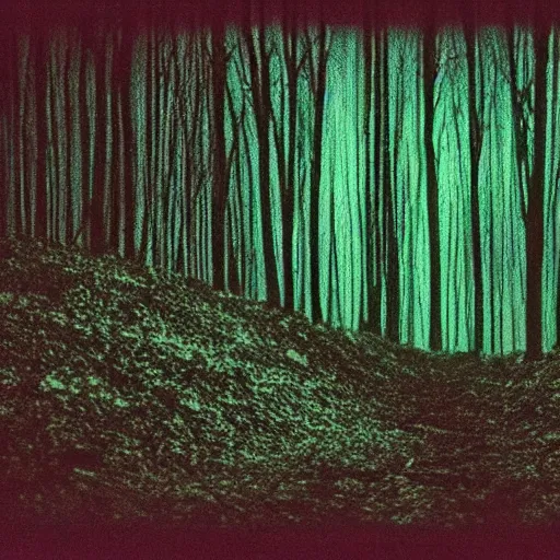 Image similar to film frame of a dark forest full of dead trees at night, a green glowing humanoid emerges from it, creepy, moonlight, horror, uncanny, old camera footage, REC sign,