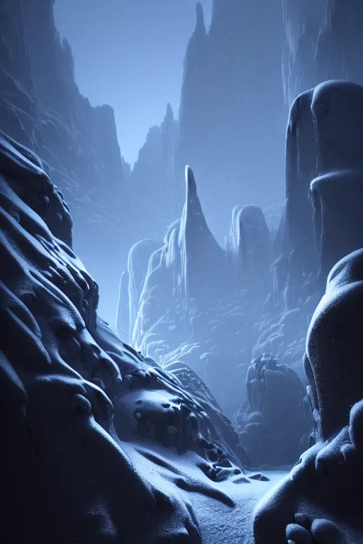 Prompt: futuristic atmosphere in the snowy mountains dolomites 3 d concept art, cinematic lighting, red neon laser, rule of thirds, depth of field, intricate details, building by zaha hadid, stormy snowing weather, emissary space by arthur haas and bruce pennington and john schoenherr, cinematic matte painting, dark moody colors, trending on artstation, featured on behance