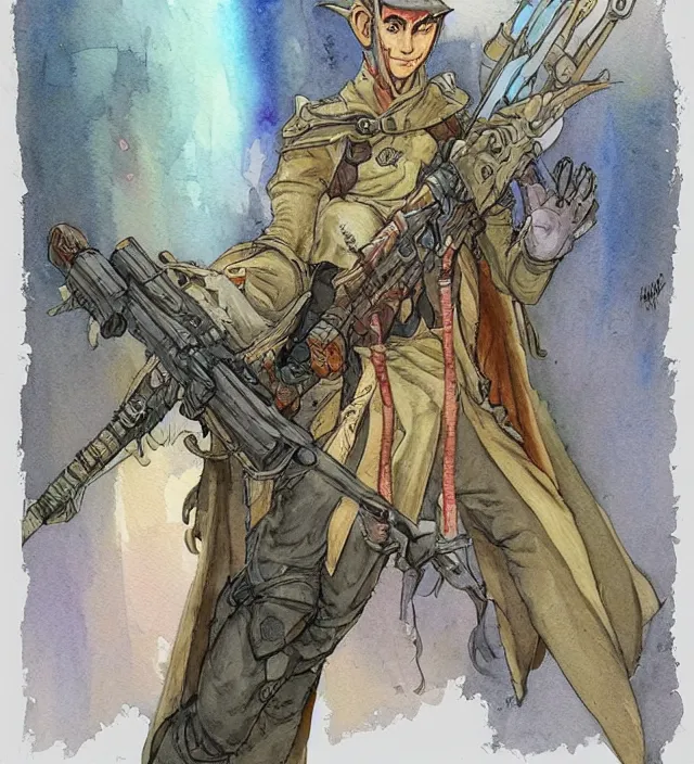 Image similar to a watercolor ink painting of an elven sniper in the style of jean giraud in the style of moebius trending on artstation deviantart pinterest detailed realistic hd 8 k high resolution