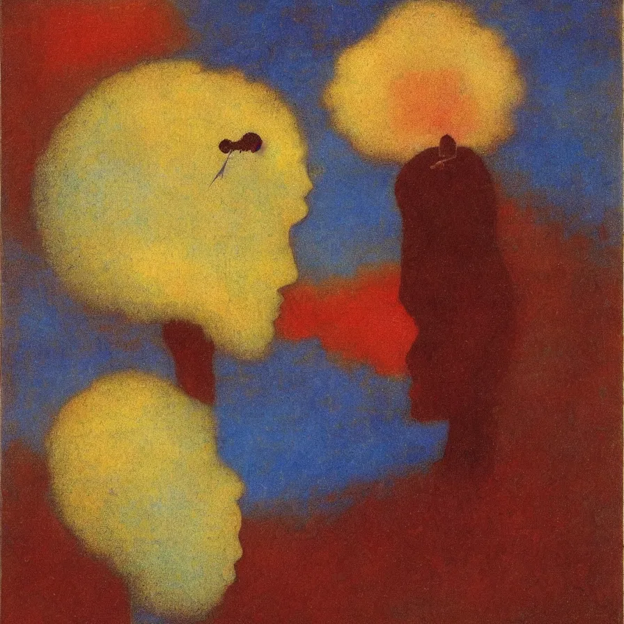 Image similar to surrealim symbolism artwork by odilon redon of a man with a stormy cloud for a head.